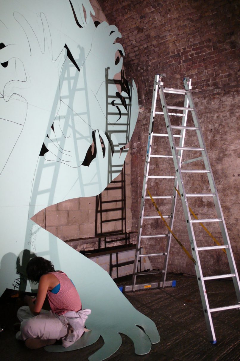 Painting Nudo, a 11.50 x 5 m installation created in the massive Shunt Vaults