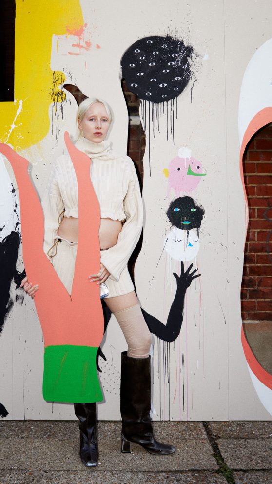 Mascarada, big scale painting, detail with model Silje Mari, and cutout legs, 4 x 21 m, Vyner Street
