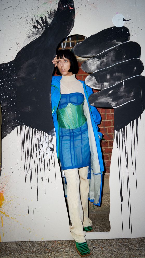 Mascarada, big scale painting, hand detail with model, Juliet Casella, 4 x 21 m, Vyner Street