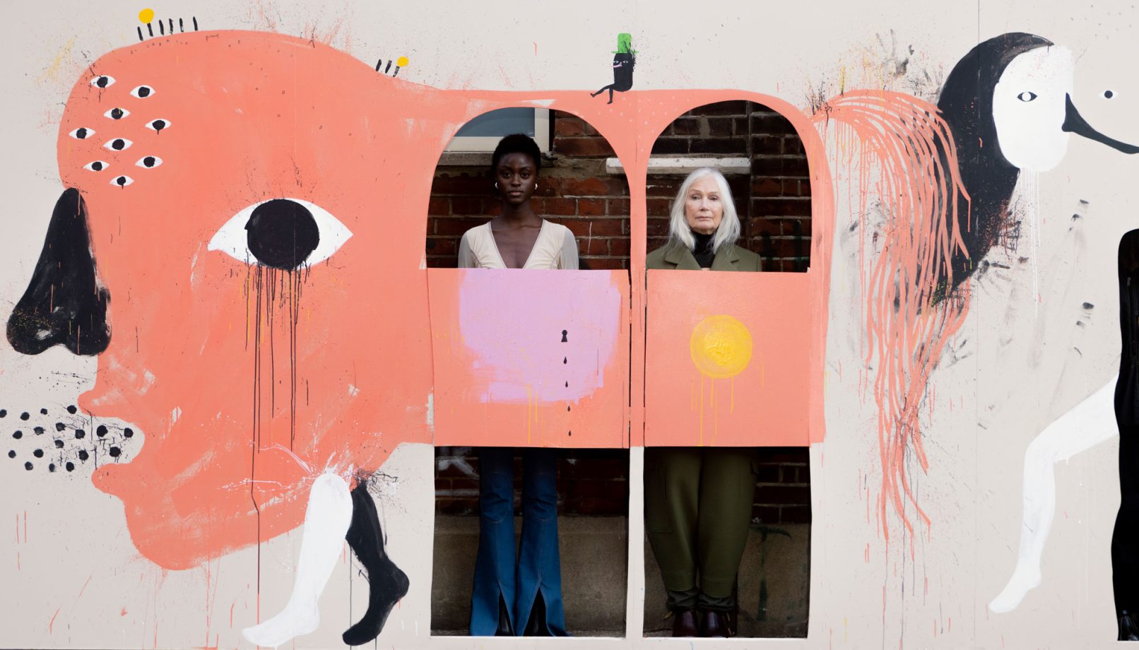 Mascarada, big scale painting, The Horse detail with models, Alisha and Stefanie Lange, 4 x 21 m, Vyner Street