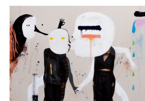 Mascarada, big scale painting, detail with models, 4 x 21 m, Vyner Street