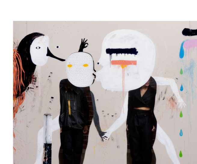 Mascarada, big scale painting, detail with models, 4 x 21 m, Vyner Street