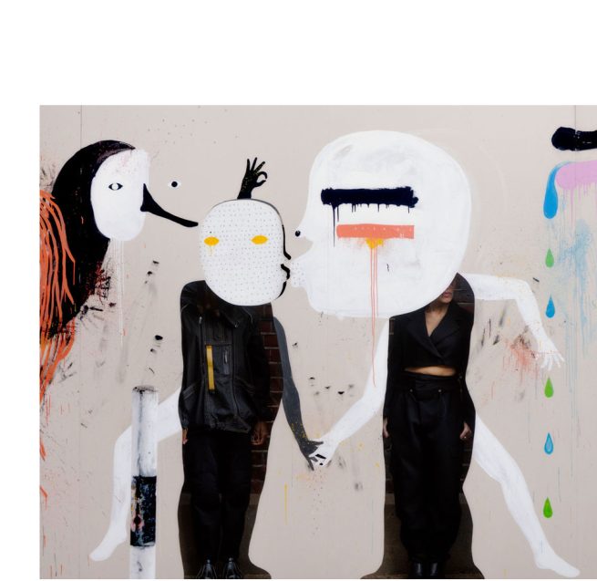 Mascarada, big scale painting, detail with models, 4 x 21 m, Vyner Street