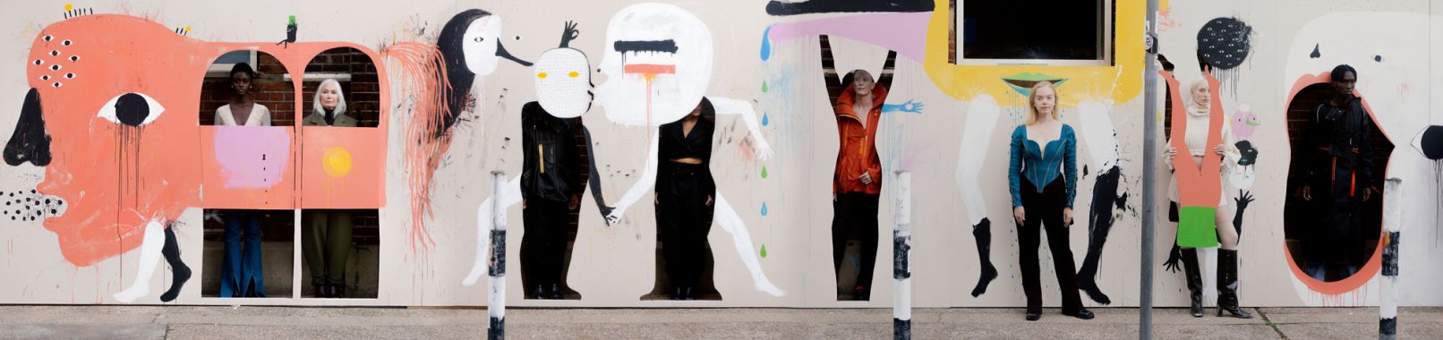Mascarada, big scale painting, half left with models, 4 x 21 m, Vyner Street